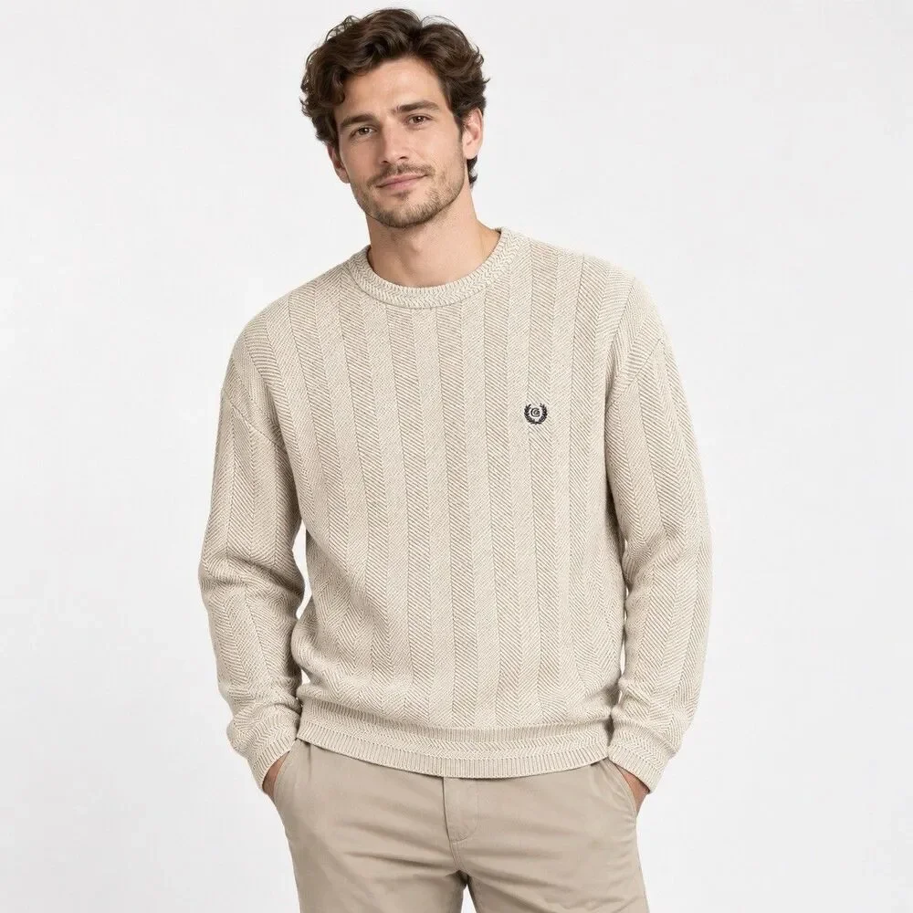 Chaps Ralph Lauren Sweater L Cream Hand Framed Herringbone Cotton Knit Heritage